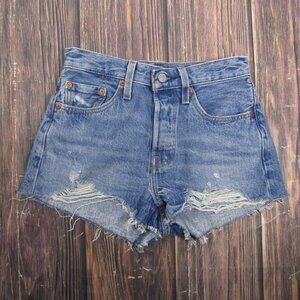 Levis Premium 501 Womens Distressed High Rise Denim Shorts Medium Wash W26